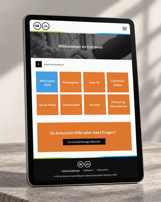 Extranet für Partner mit Kampagnen- und Download-Bereich auf einem Tablet
